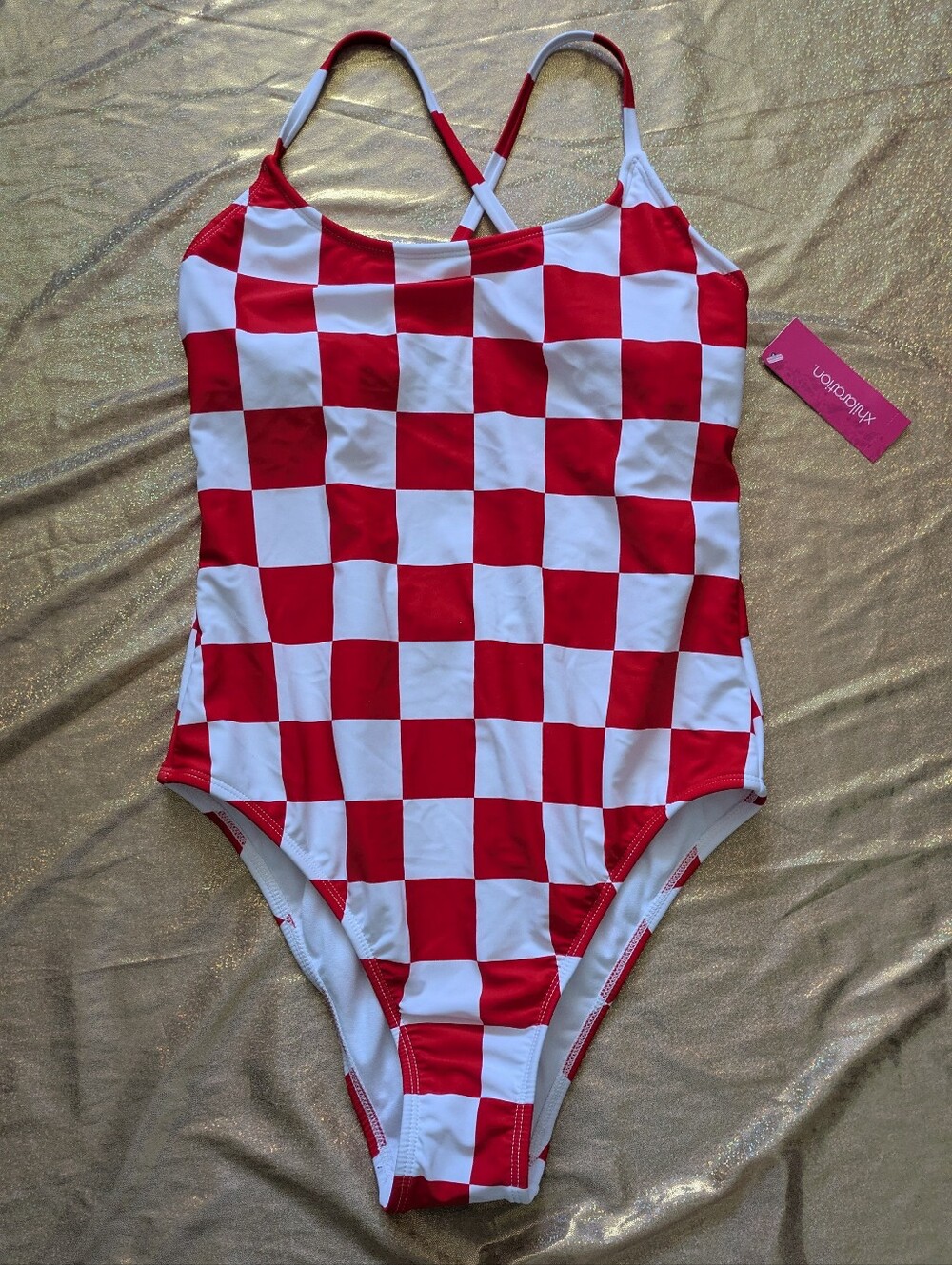 Xhilaration Red & White Checkerboard Ladies One-Piece Swimsuit NWT